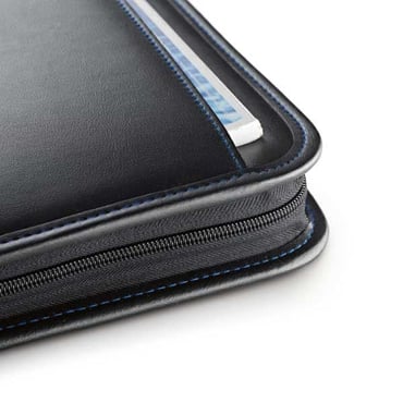 Imitation leather zipped A4 folder, with outer pocket, several inner pockets and 8-digit dual power calculator