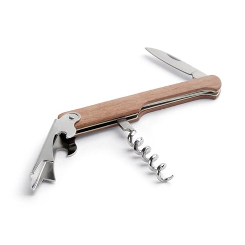 Metal and wooden corkscrew, bottle opener and knife. regalos promocionales