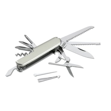 13-function stainless steel pocket knife with plastic coated handle