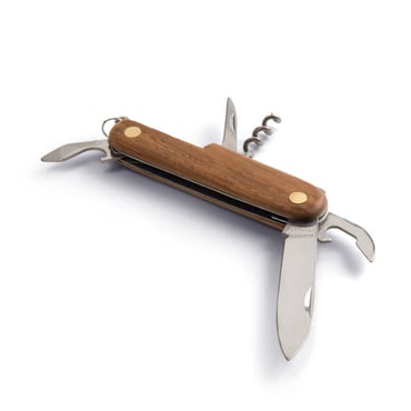 5-function stainless steel pocket knife with wooden handle