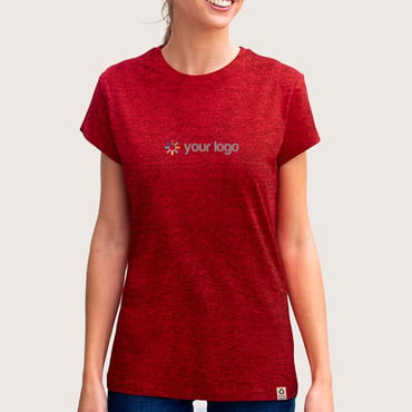 T-shirt de merchandising para mulher em algodão reciclado e RPET