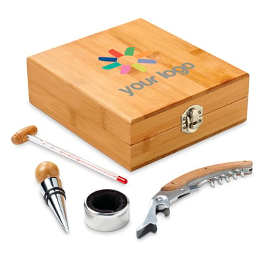 4-piece metal and bamboo gourmet wine set in bamboo box