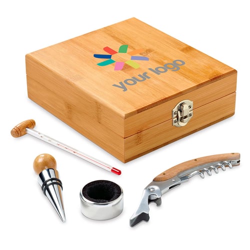 4-piece metal and bamboo gourmet wine set in bamboo box. regalos promocionales