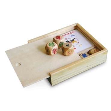 Playing cards and dice set in wooden box